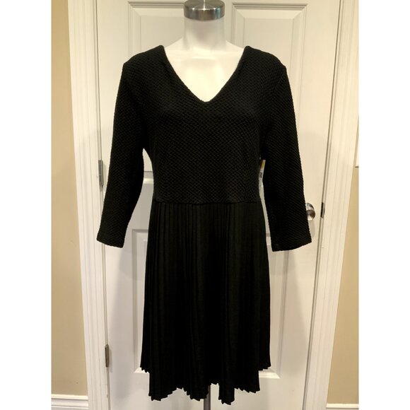 Ganni BlackTextured Top Fit & Flare Dress, W/ Pleated Skirt, Size Large - Picture 1 of 8